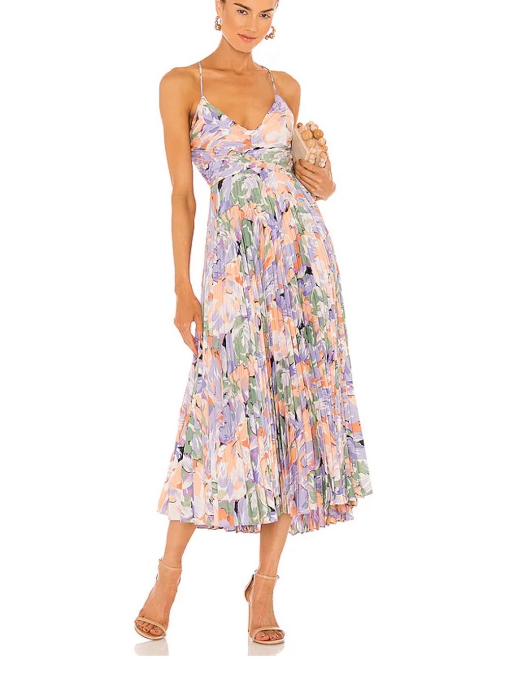 REVOLVE Pastel Floral Pleated Midi Dress - Lavender Peach Green Cream